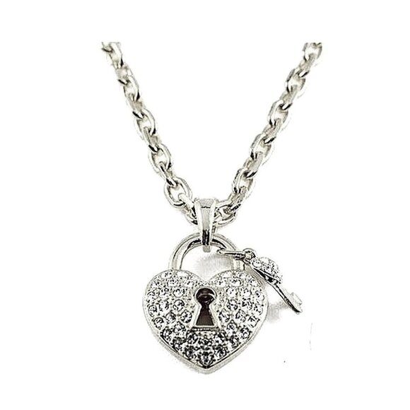 18" Heart & Key Pave Clear Crystal Silvertone Chain Link Charm Keyhole Necklace - Picture 2 of 3